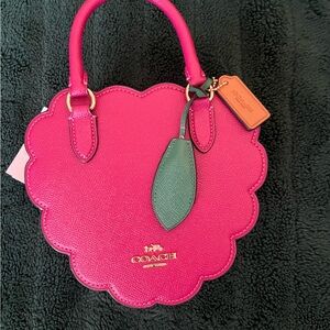 COACH Raspberry Scalloped Leather Mini Top-Handle Bag with Green Leaf Charm